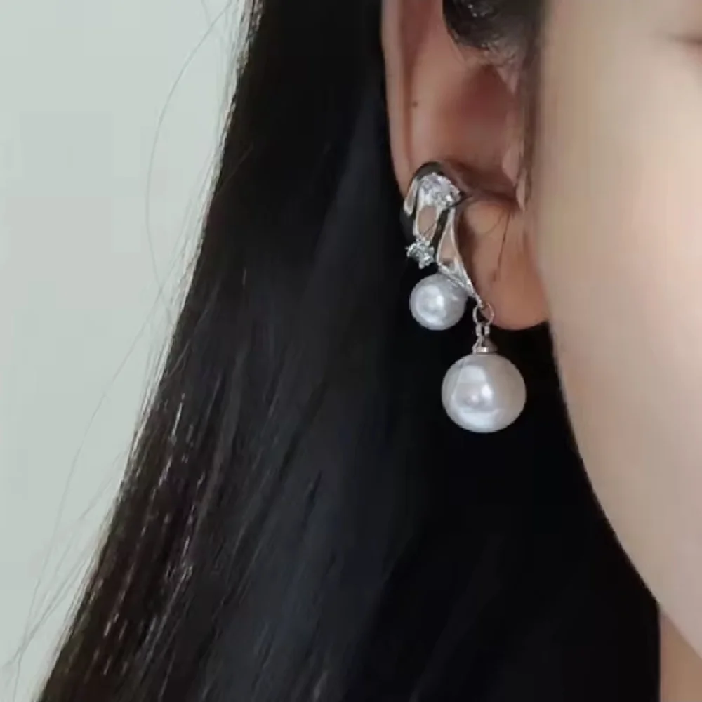 Silver Ear Cuff with White Pearl Drops (2 Piece ,Left And Right Sides)